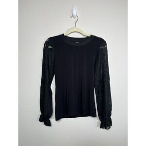 Tahari Blouse Womens Sz XS Black Modal Embroidered Puff Sleeve Boho Whimsigoth